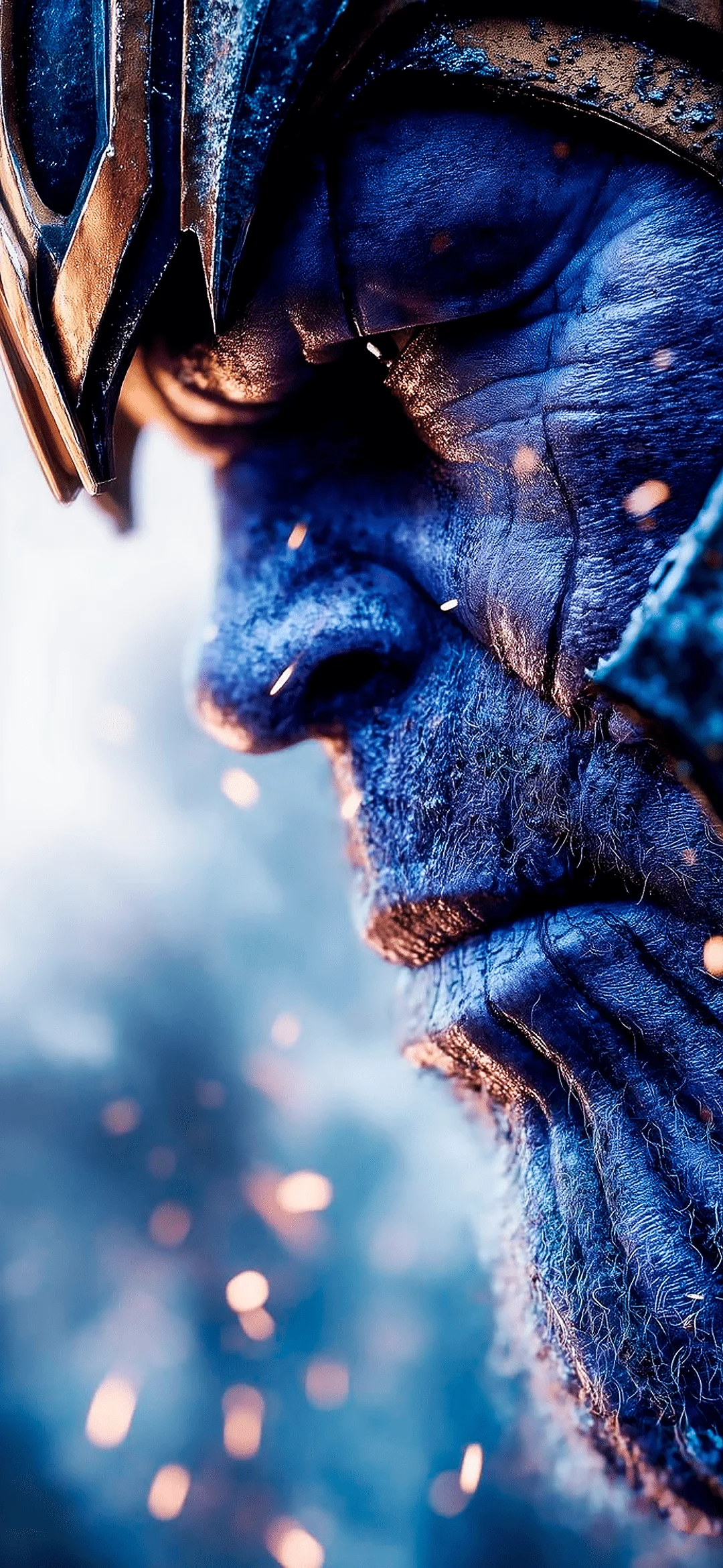 Close-up portrait of Thanos with intense gaze and golden armor against a cosmic backdrop