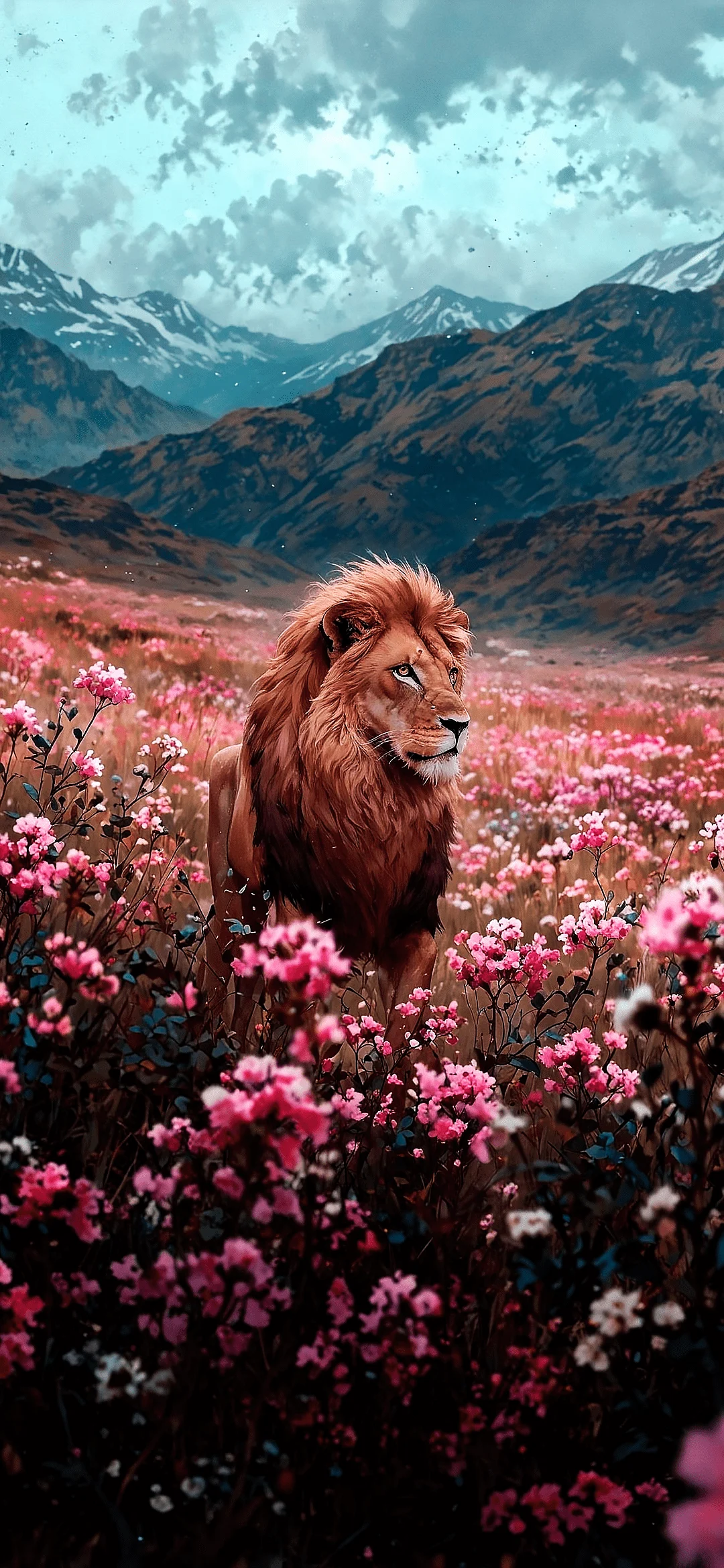 Tiger wandering through a colorful field of flowers under soft sunlight, creating a harmonious nature scene