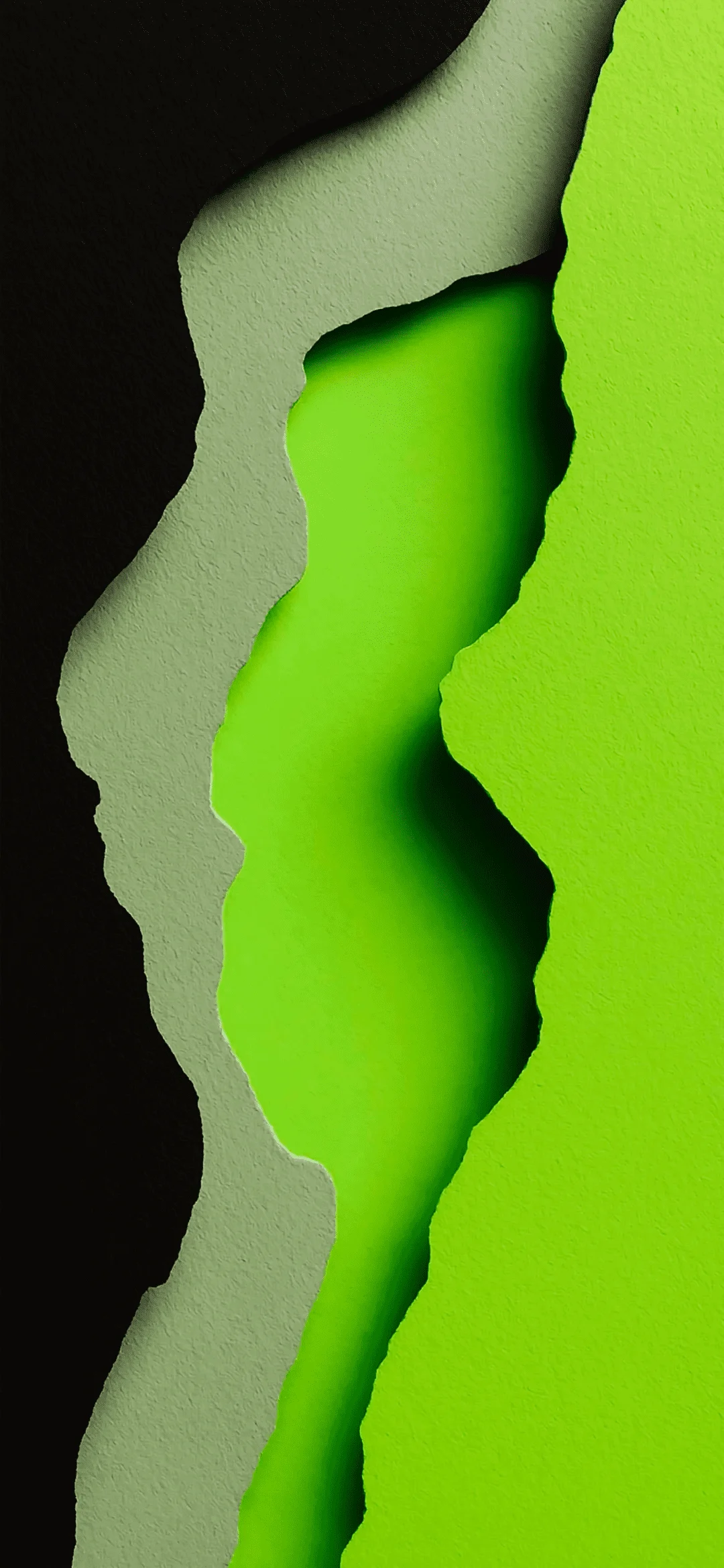 Torn strips of paper in black and green colors with rough edges, creating a striking abstract pattern