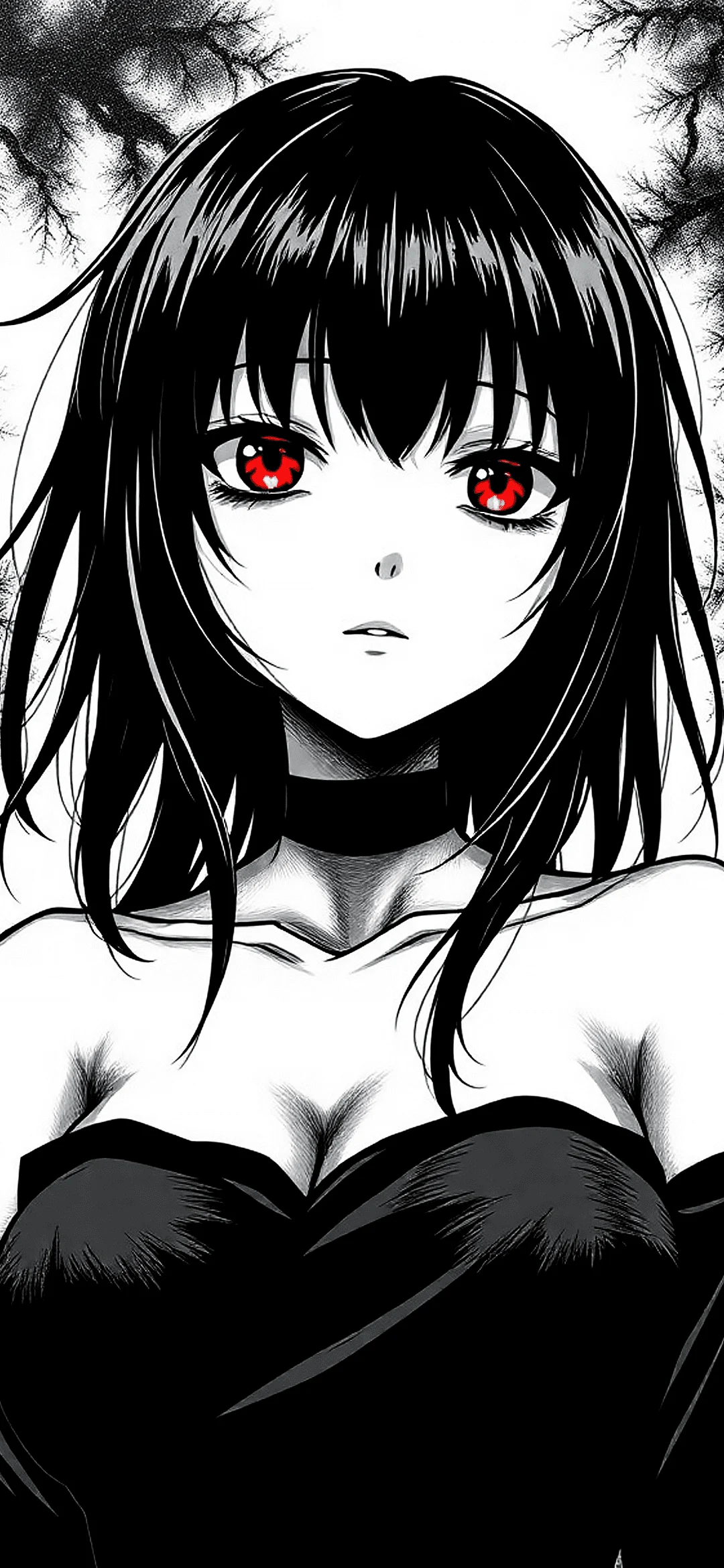 Anime girl with black hair and red eyes