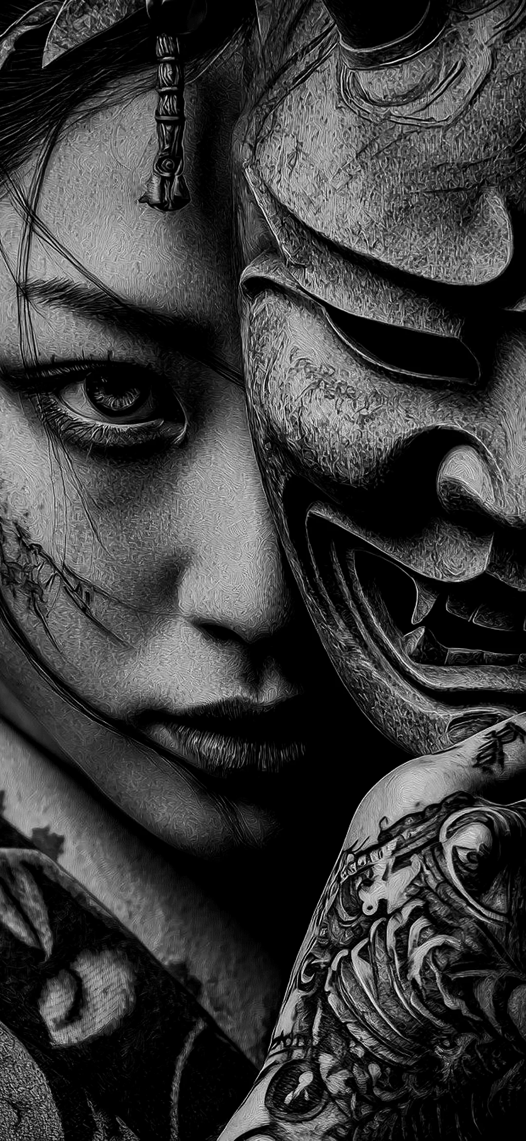 Chinese woman in a demonic mask wallpaper