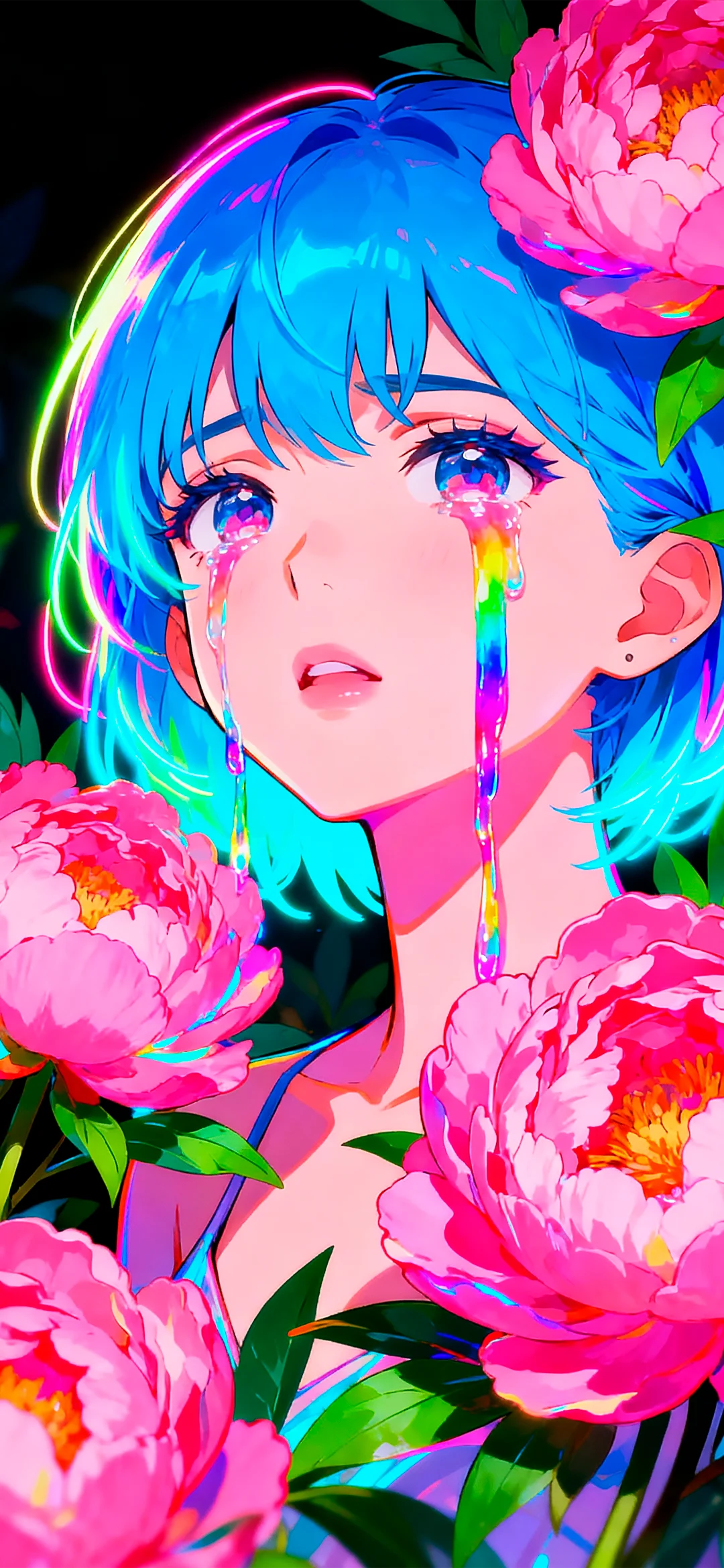 Surreal portrait of a beautiful young woman with glowing neon blue hair wallpaper