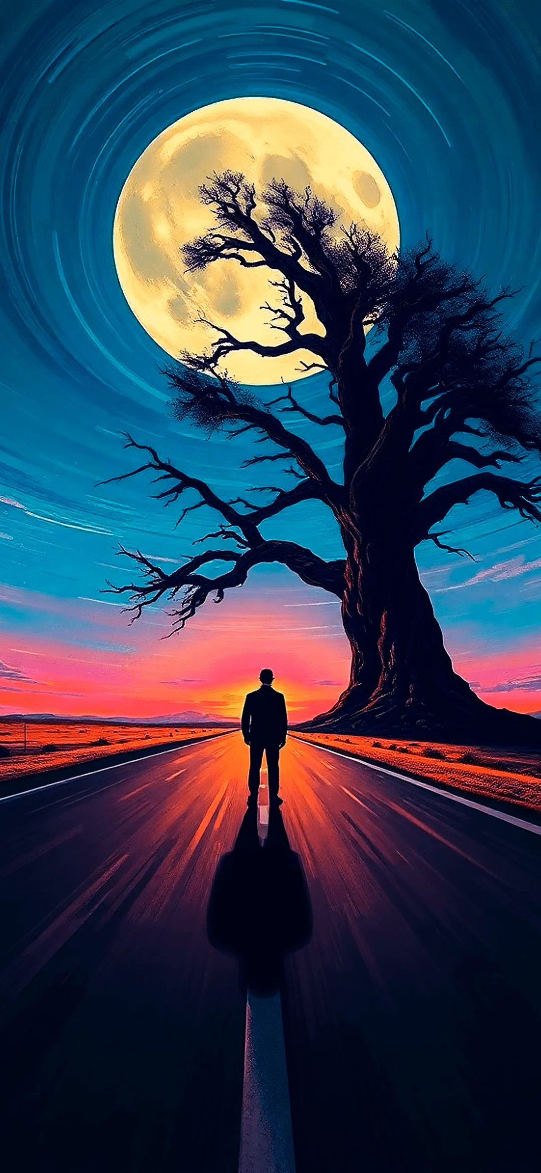 A lone figure stands on a deserted stretch of highway