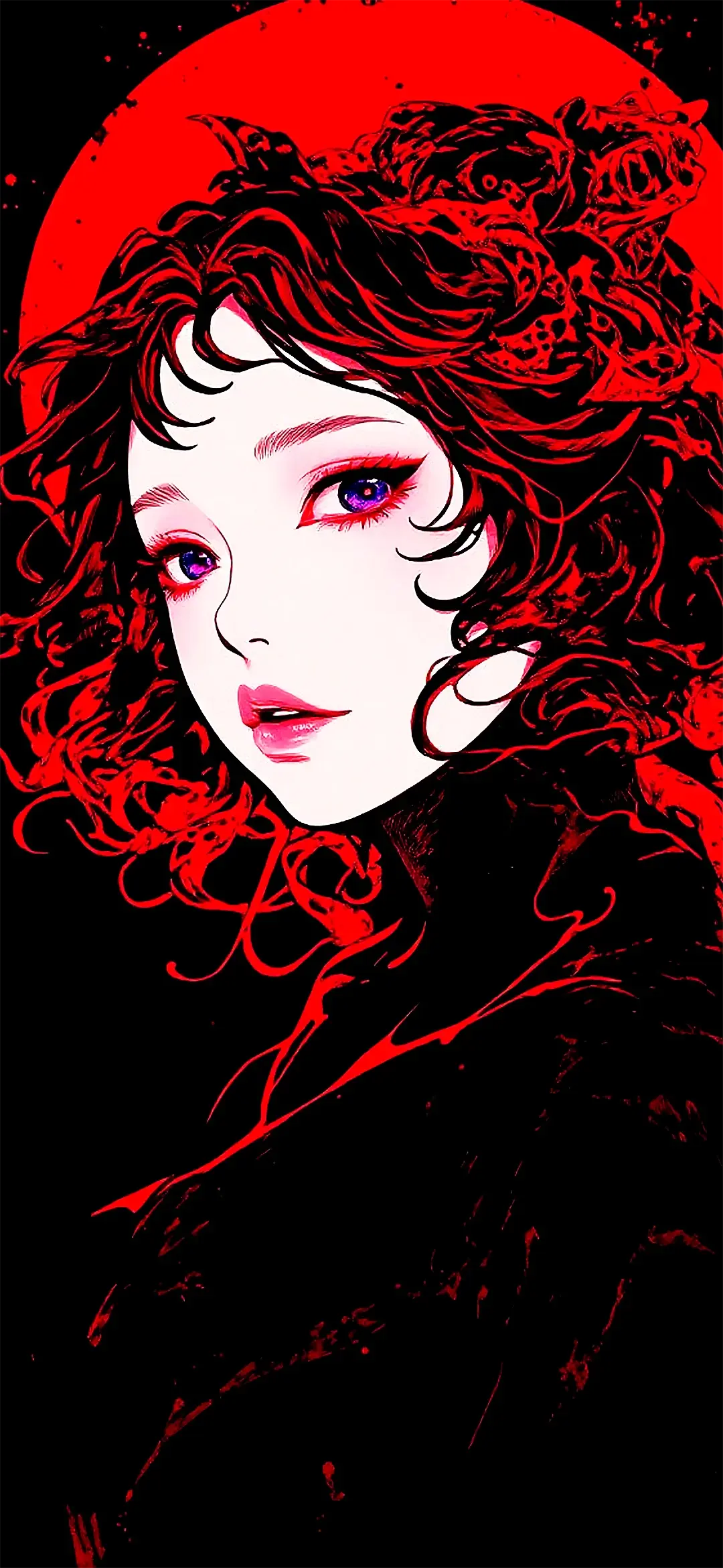 Anime woman with red sun wallpaper for mobile