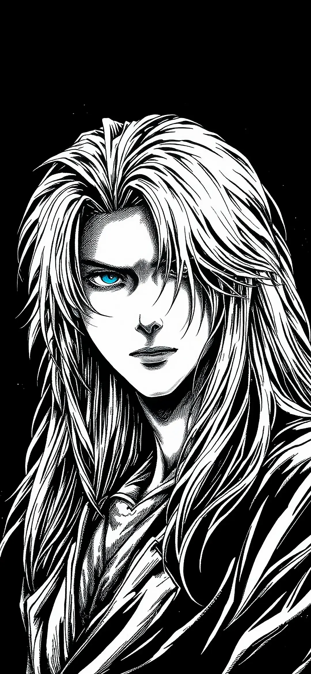 Dark anime man portrait with long hair and blue eyes wallpaper