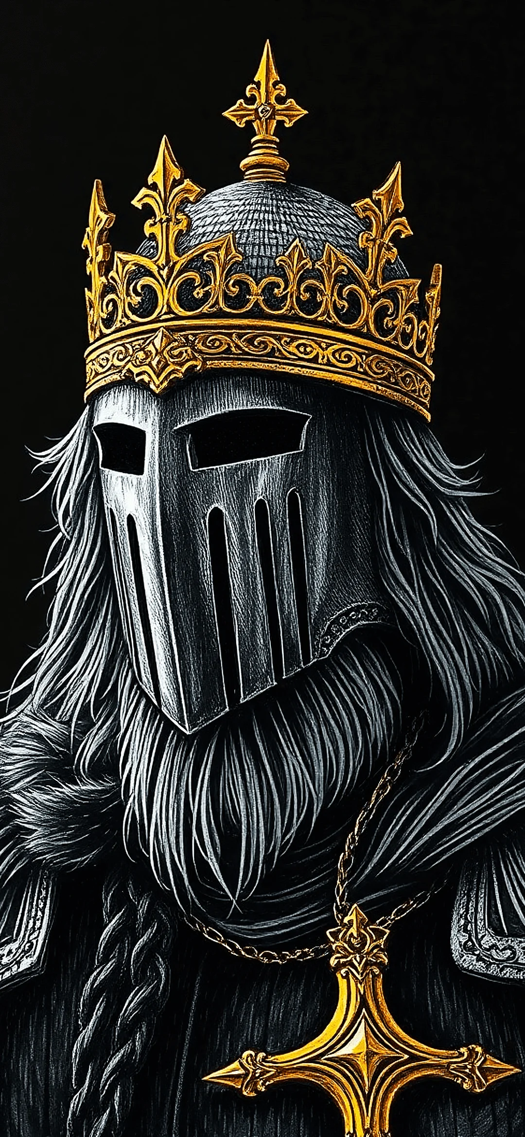 Knight with gold crown on black background