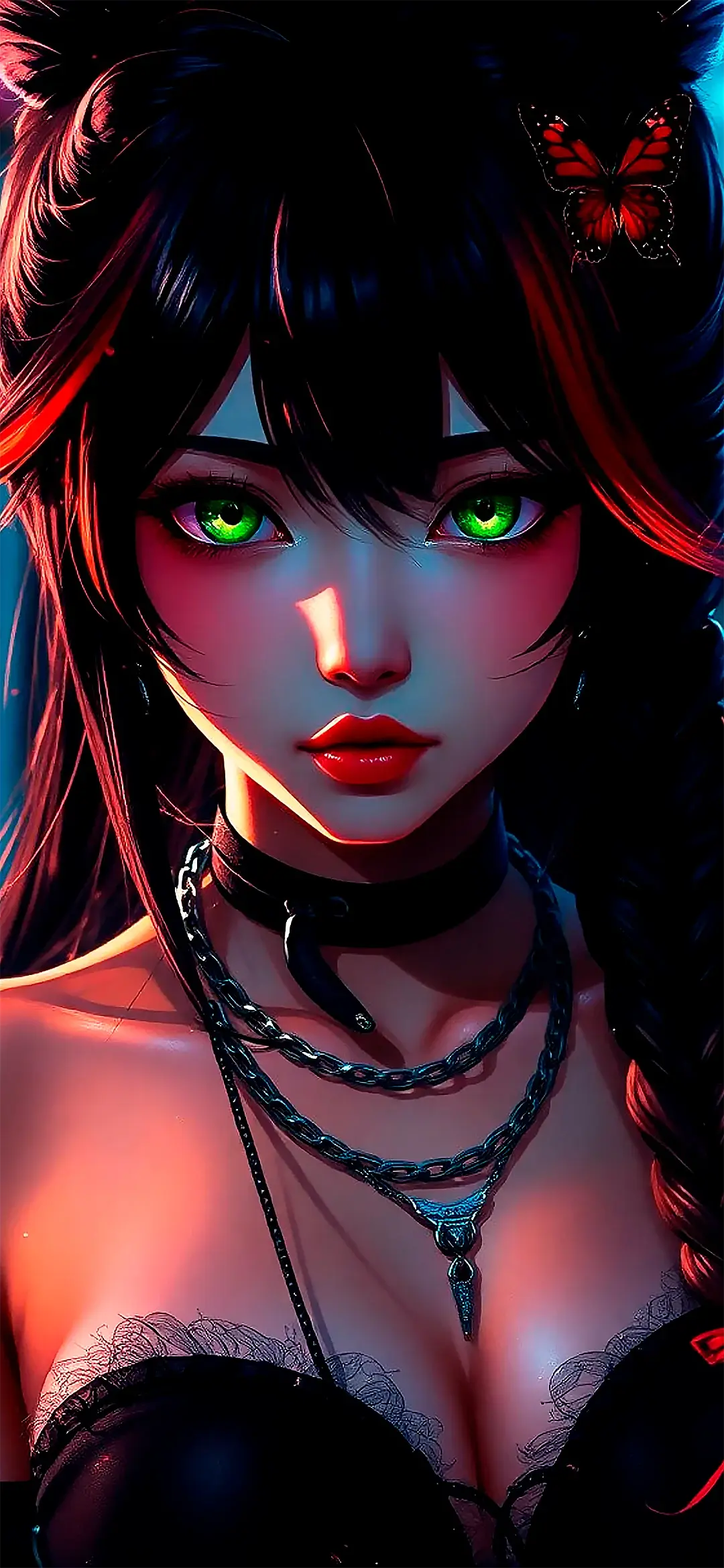 4K Portrait anime woman with red and black hair wallpaper 2340x1080