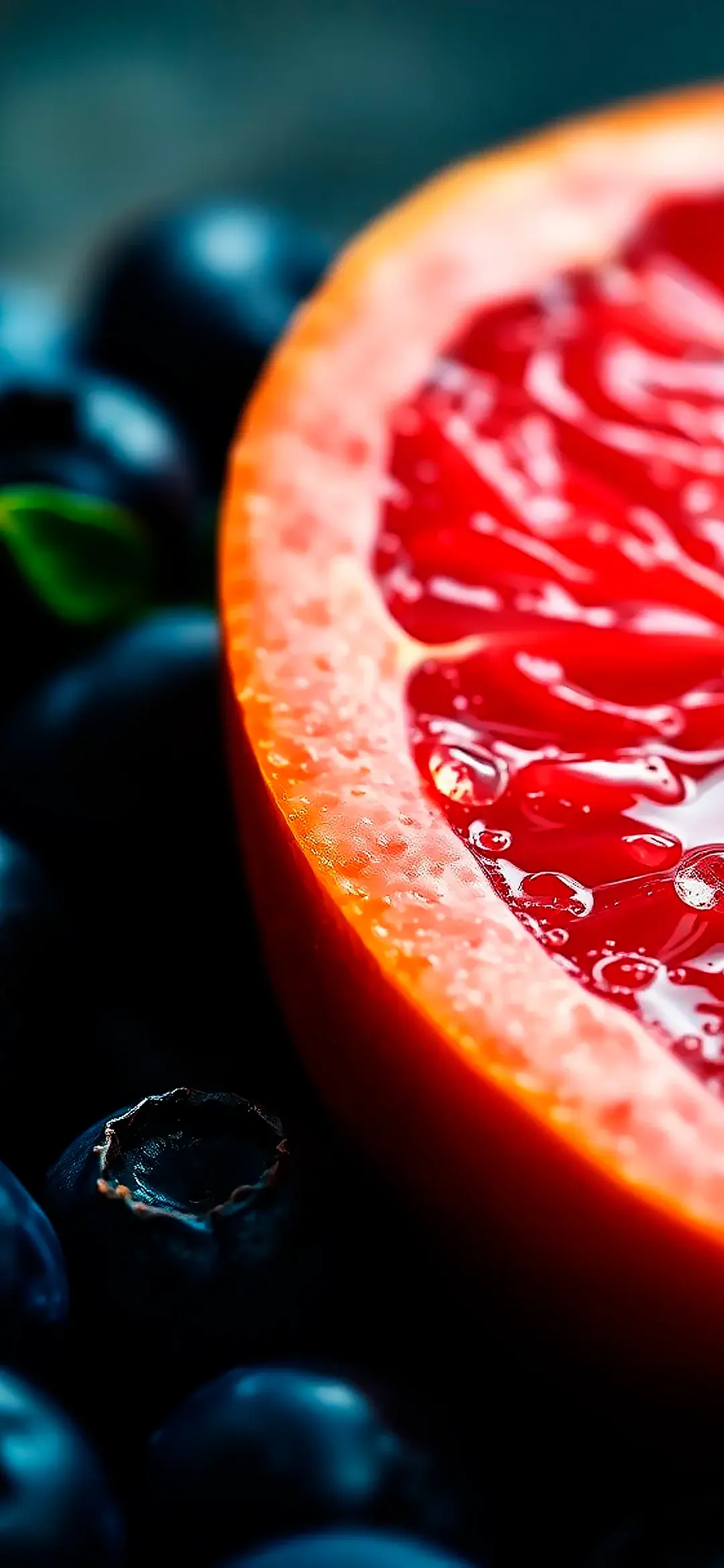 Sliced ripe ruby grapefruit and whole blueberries wallpaper