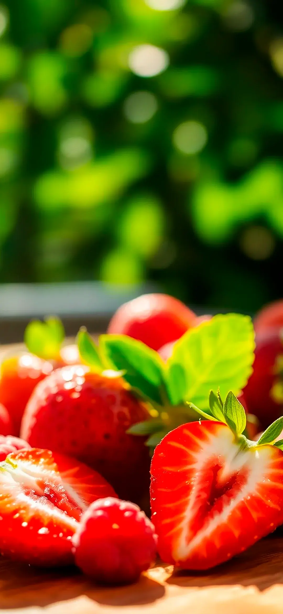 Strawberries and raspberries on a wooden table wallpaper
