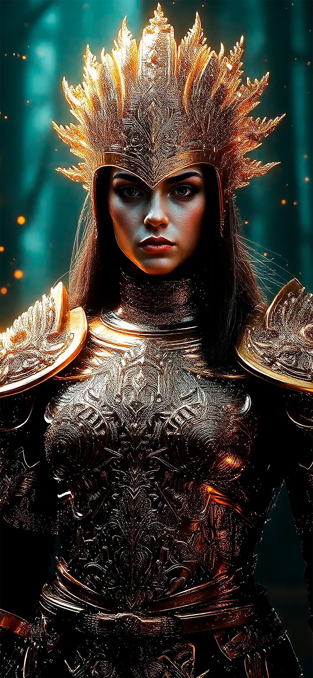 Woman with gold filigree armor wallpaper