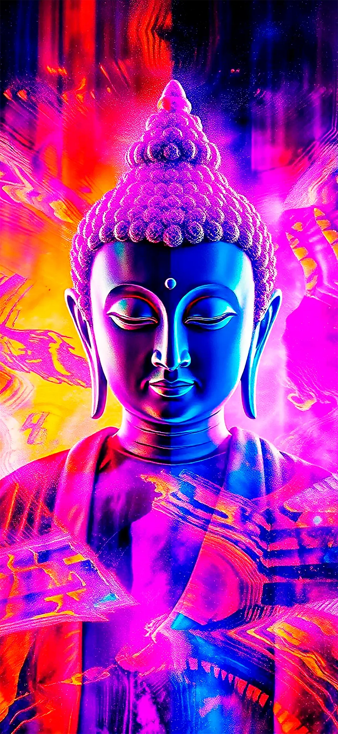 Buddha in psychedelic style in red and pink wallpaper