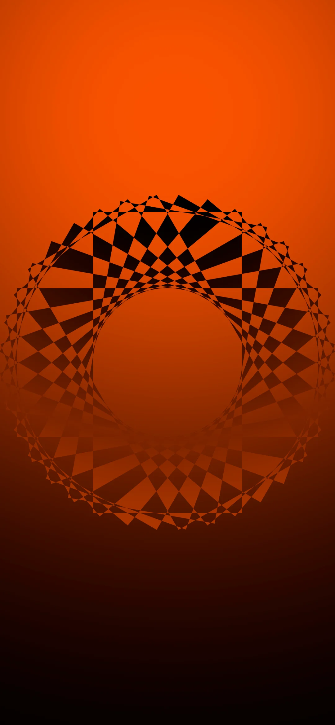 4K A sophisticated black geometric circular mandala pattern centered on a vertical orange and dark brown gradient background, designed as a digital wallpaper. 2340x1080