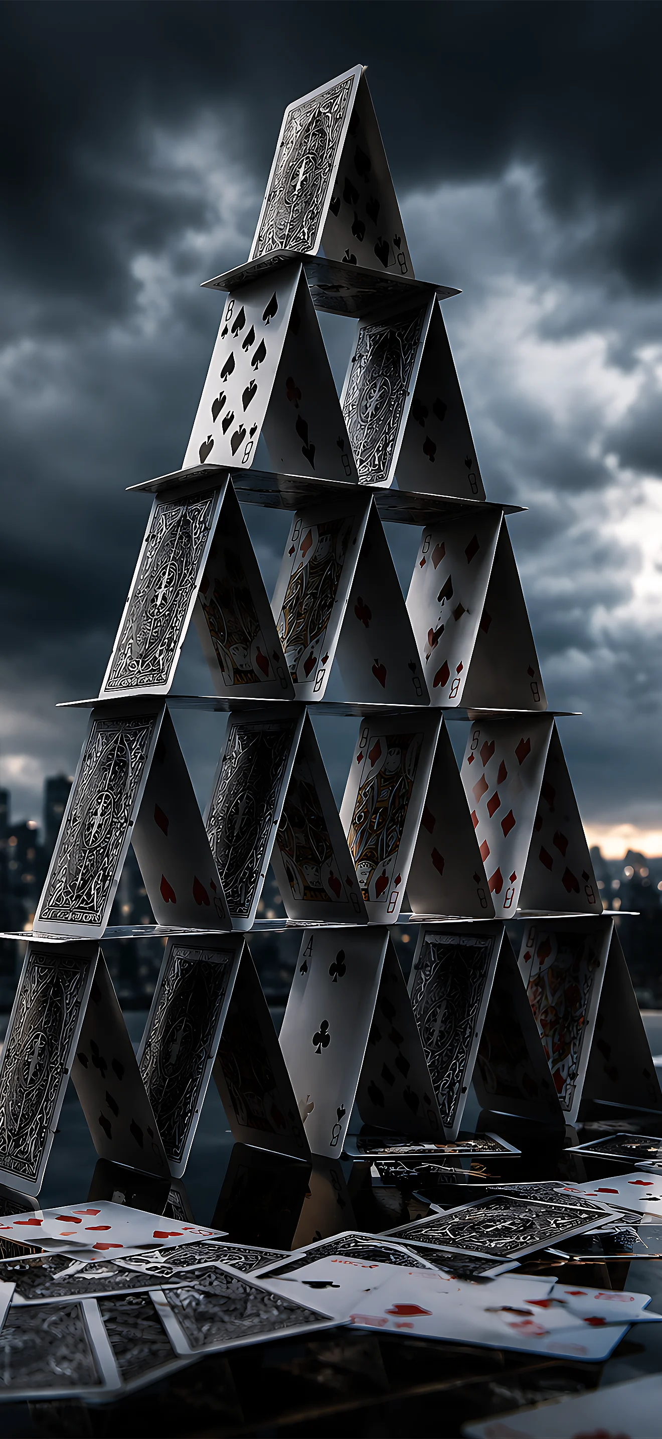 4K House of Cards Wallpaper Dark Cinematic Card Tower on Storm Sky HD 2340x1080