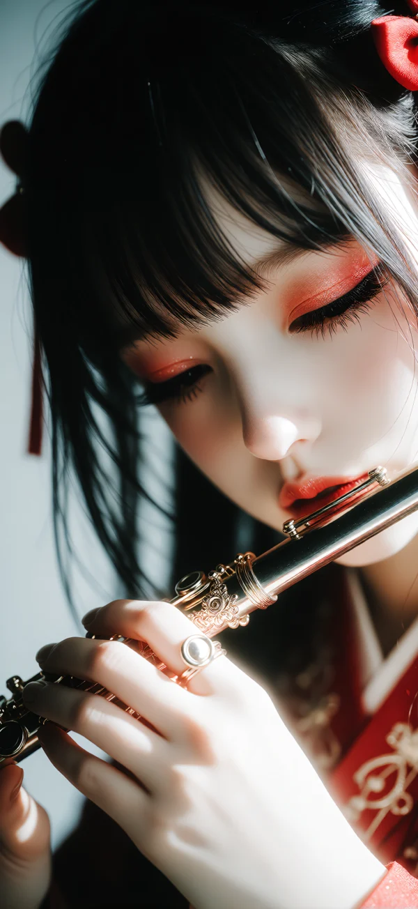 Close-up of a woman with dark hair and red makeup playing a silver and gold flute, wearing traditional red attire with gold embroidery