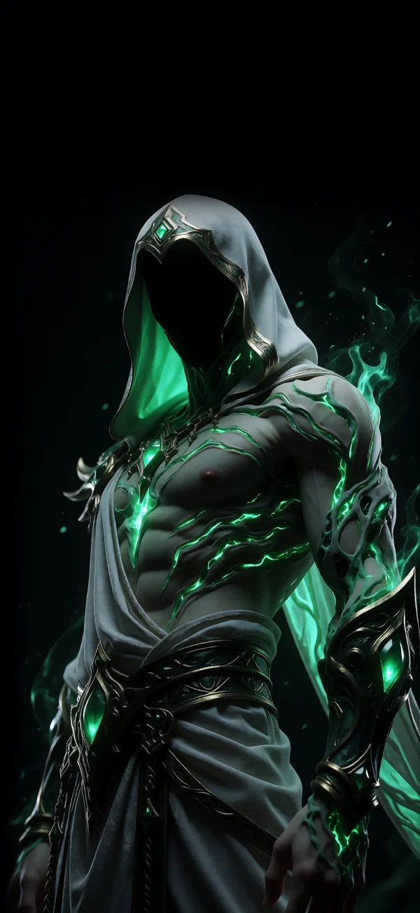 A hooded warrior figure with a shadowed face, white hood, and glowing green energy coursing through the body against a black background