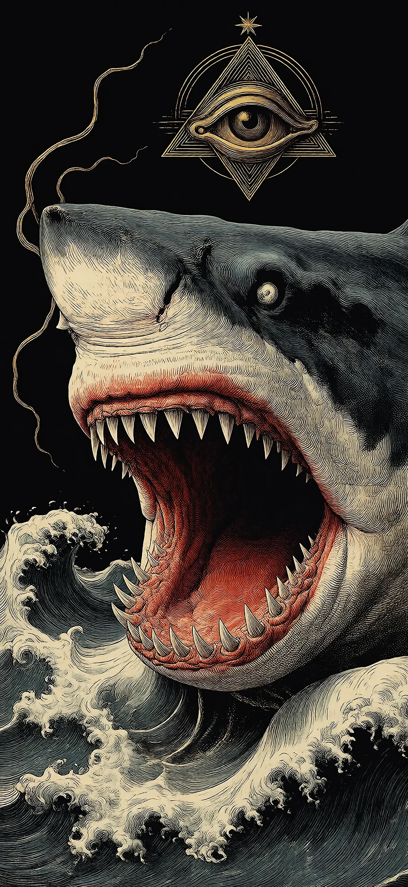 4K Dark Shark Ocean Wallpaper with All-Seeing Eye 2340x1080