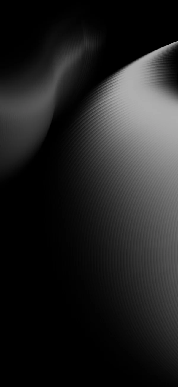 Abstract black and white 3D ribbon wallpaper with fine parallel lines forming a smooth gradient curve against a dark background