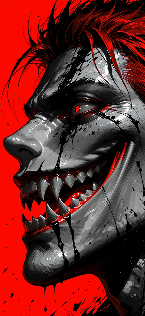 A fierce snarling beast-like face in grayscale with sharp fangs and a glowing red eye set against a vivid red background