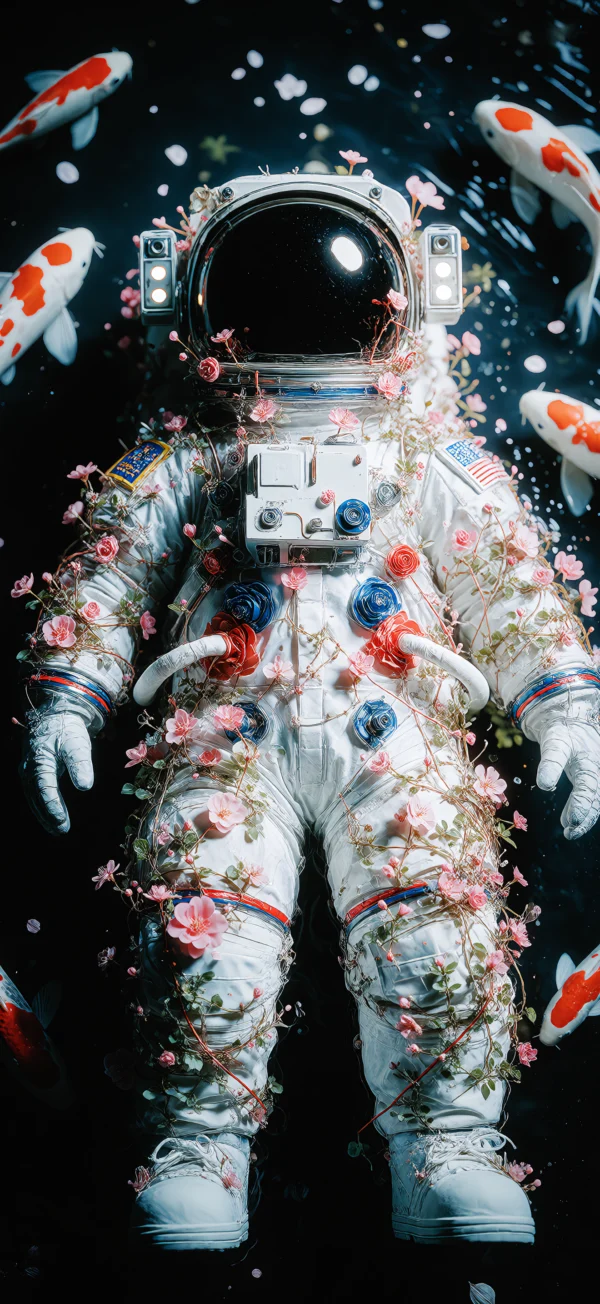 A white astronaut suit floating underwater, covered in pink and red flowers, surrounded by orange and white koi fish against a dark background