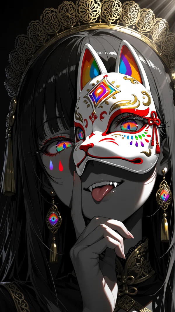 Anime girl wearing a white kitsune fox mask with rainbow eyes, black hair, and ornate gold jewelry on a dark background