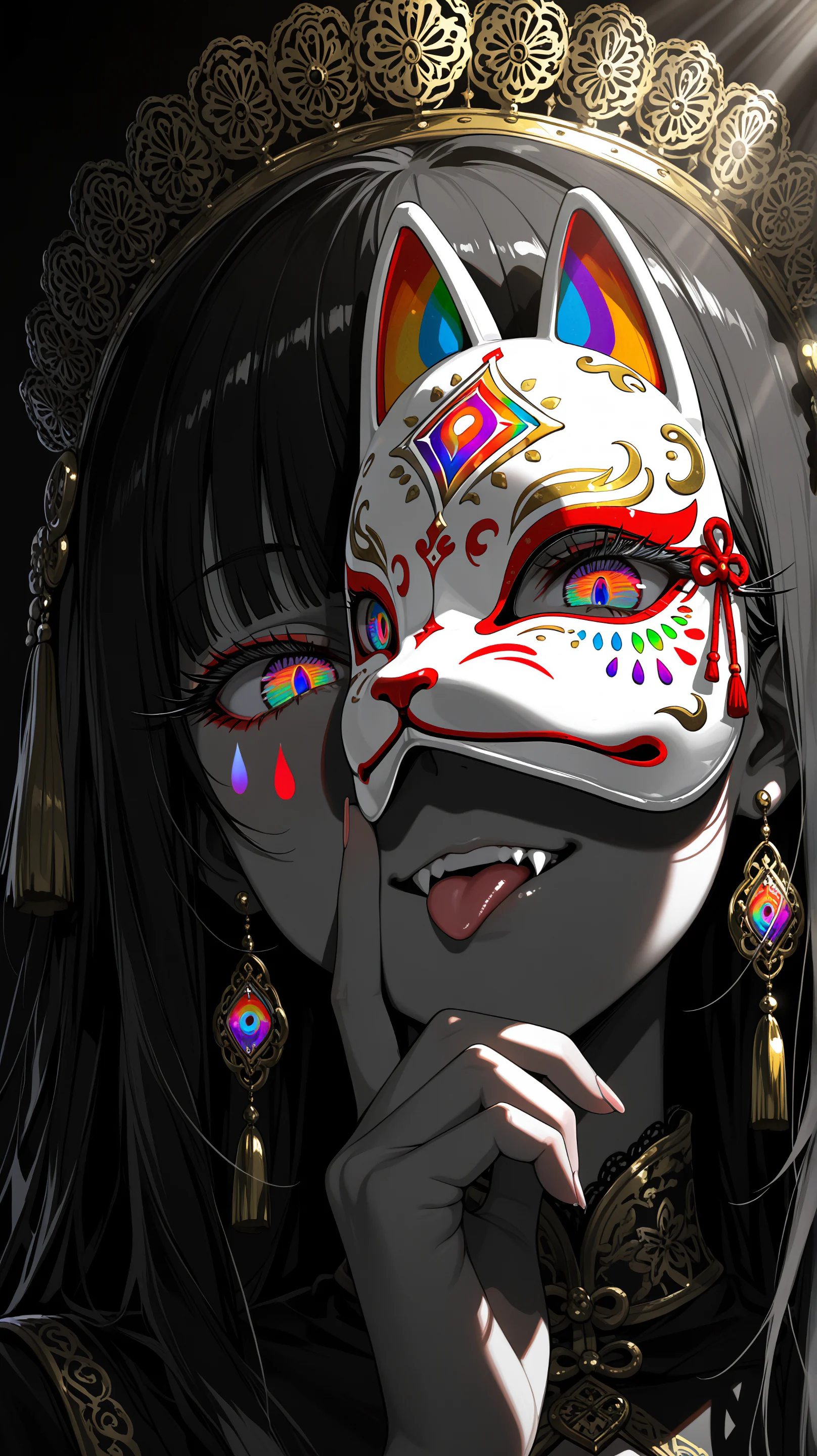Anime girl wearing a white kitsune fox mask with rainbow eyes, black hair, and ornate gold jewelry on a dark background
