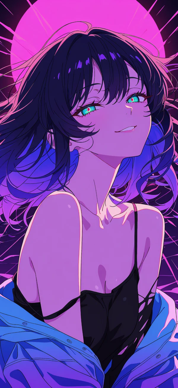 Anime style illustration of a girl with long dark hair and bright green eyes smiling against a vivid pink and purple background with a glowing circle