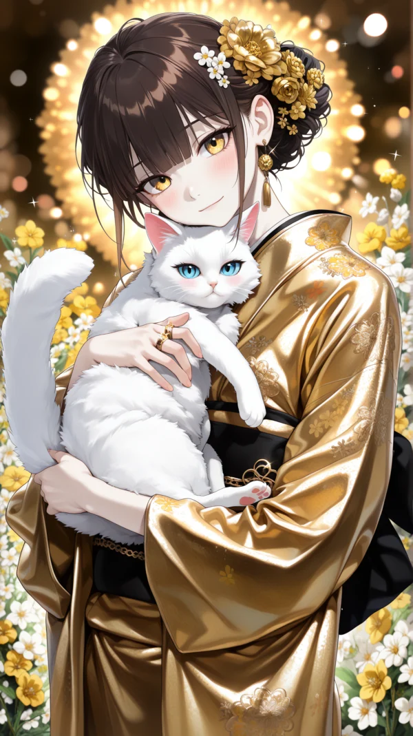 Anime style illustration of a young woman with dark hair and golden eyes wearing a shiny golden kimono with floral patterns, gently holding a fluffy white cat with blue eyes, set against a warm golden bokeh background with yellow and white flowers.