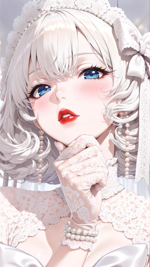 Anime style portrait of a white-haired girl with blue eyes wearing a white lace headdress, pearl accessories and lace gloves