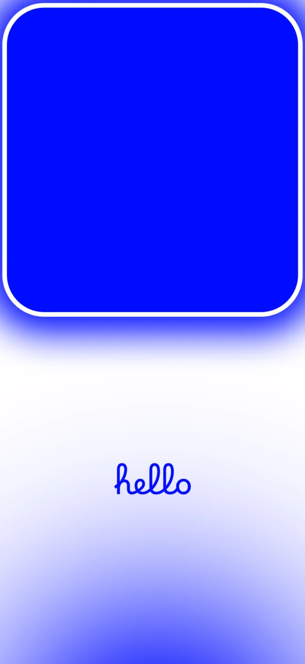 A minimalist blue rounded square with a white glowing border on a soft white and light blue gradient background, with the word hello written in blue cursive script below.