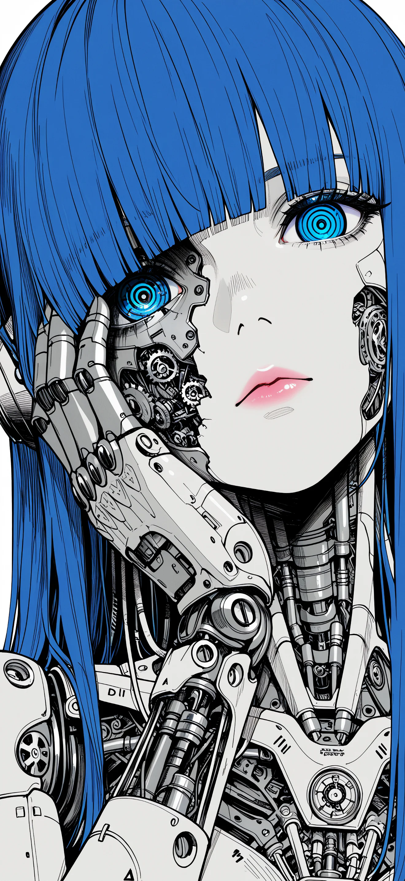 4K Cyberpunk anime girl with long blue hair, glowing blue eyes, exposed gears and mechanical parts on her face, and a robotic hand touching her cheek 2340x1080