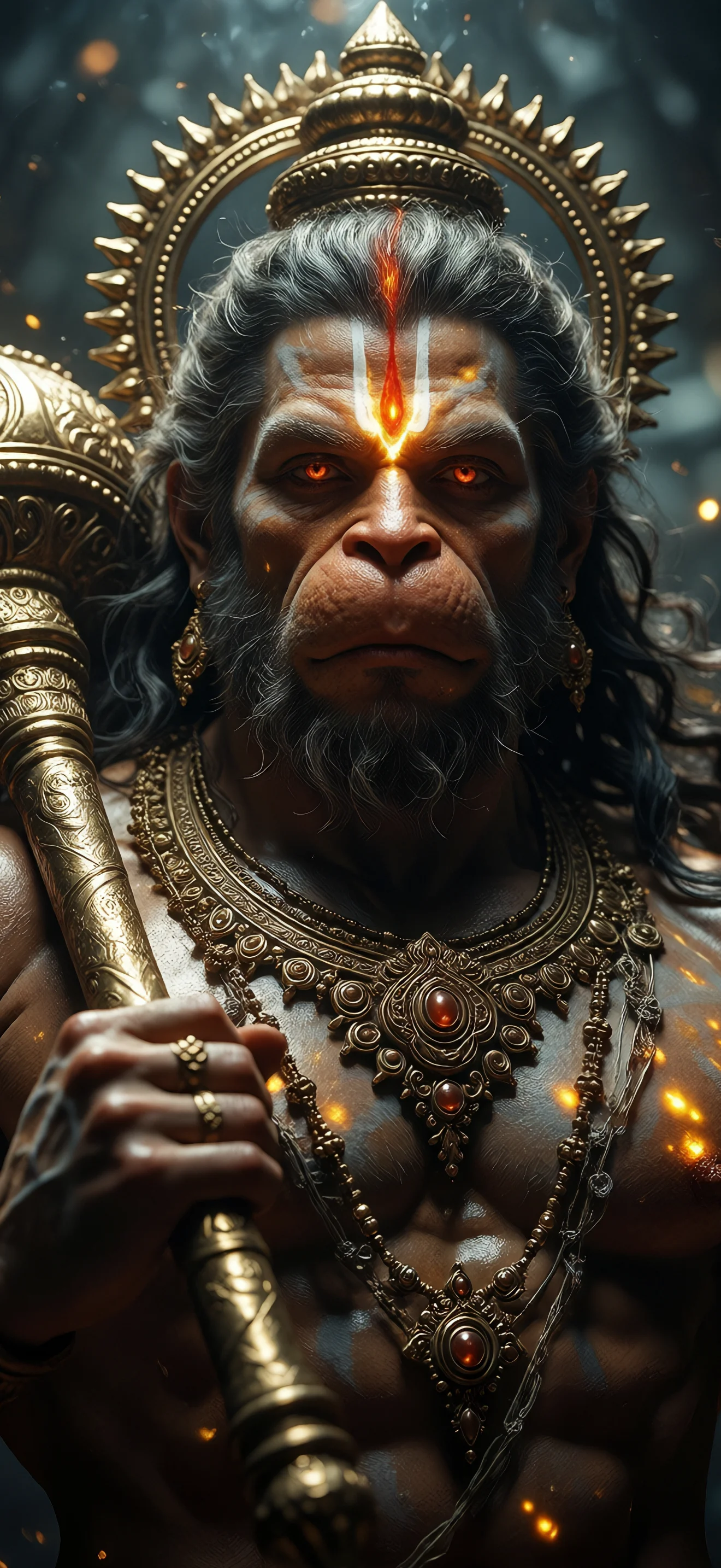 4K Detailed fantasy portrait of Lord Hanuman with a golden crown, glowing third eye, orange eyes, ornate gold jewelry, and a golden mace against a dark background with floating embers 2340x1080