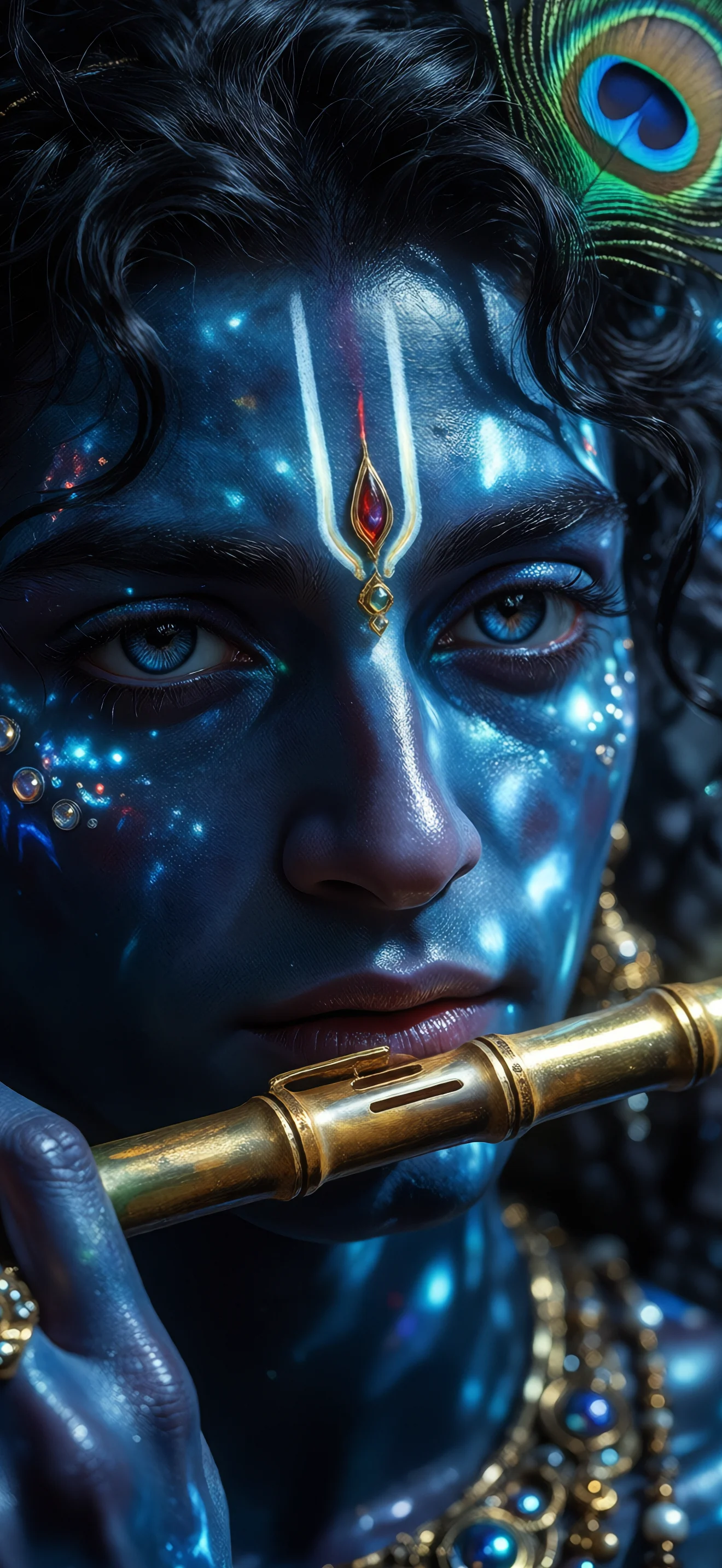 High-resolution fantasy art portrait of Lord Krishna with blue skin, peacock feather, forehead ornament, and golden flute