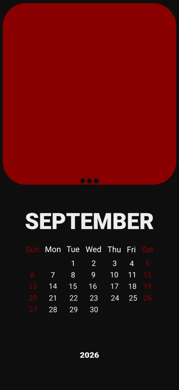 Minimalist phone wallpaper featuring a bold red rounded rectangle on a black background with a September 2026 calendar grid in white and red text