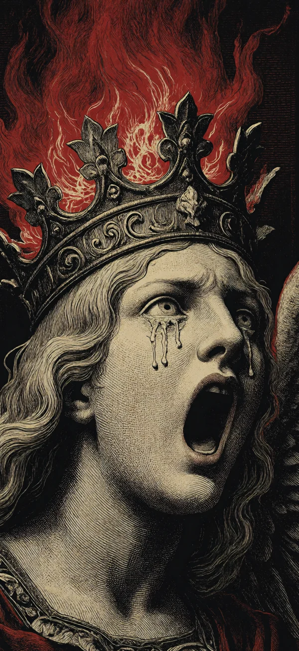 Gothic engraving-style illustration of a crowned queen screaming in anguish with tears streaming down her face, set against a background of red flames and dark shadows.