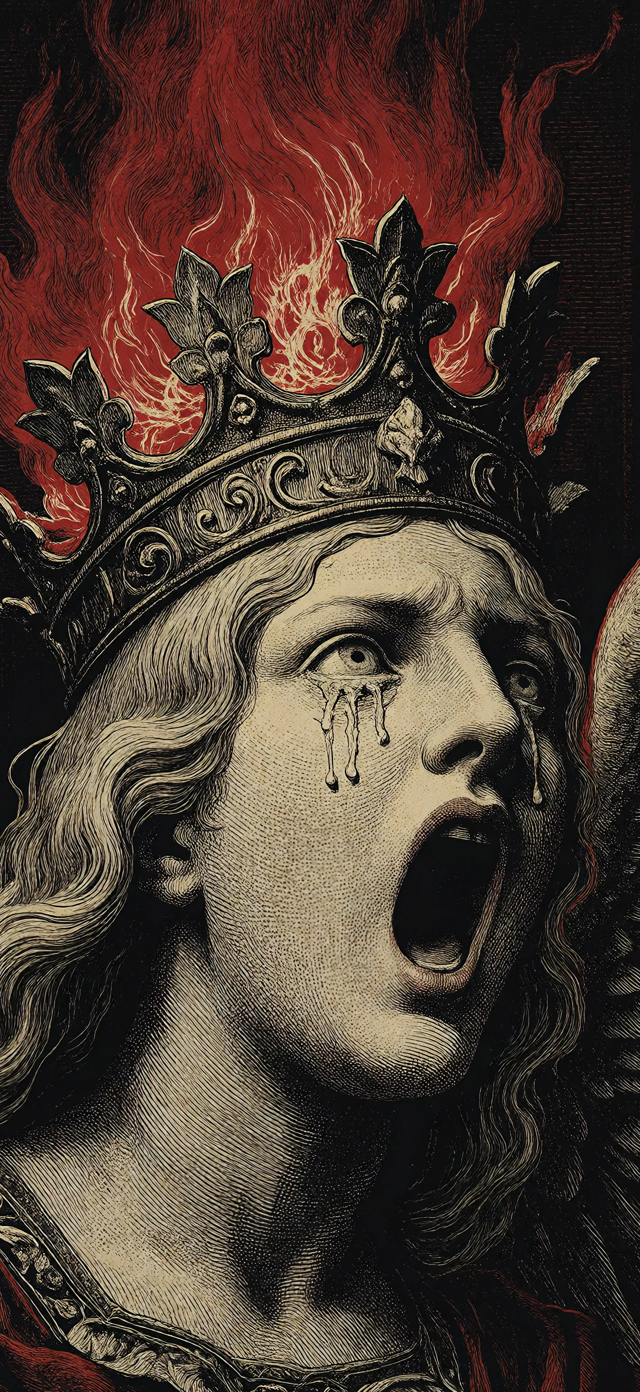 4K Gothic engraving-style illustration of a crowned queen screaming in anguish with tears streaming down her face, set against a background of red flames and dark shadows. 2340x1080