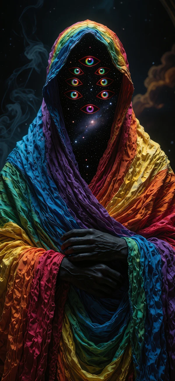 A hooded figure wrapped in rainbow-colored fabric with a starry cosmic face featuring multiple glowing eyes