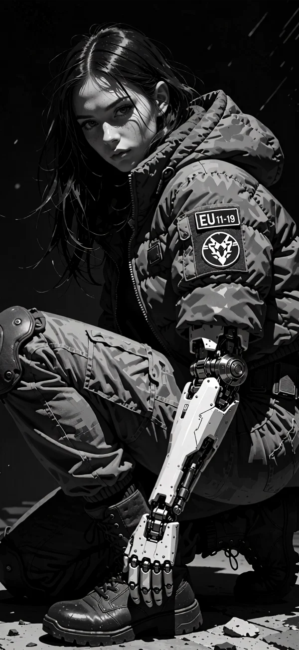 Black and white digital illustration of a crouching young woman in a camo tactical jacket with a robotic cybernetic arm and an EU 11-19 patch