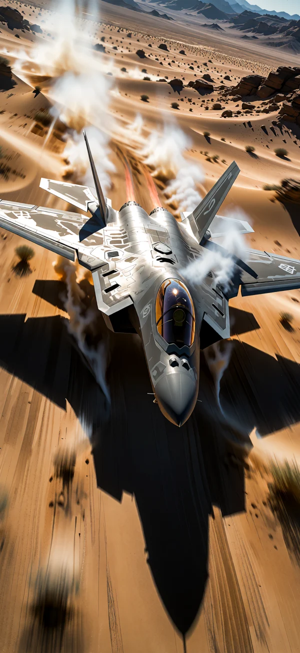 A futuristic stealth fighter jet flying low over a desert with smoke trails and dramatic lighting