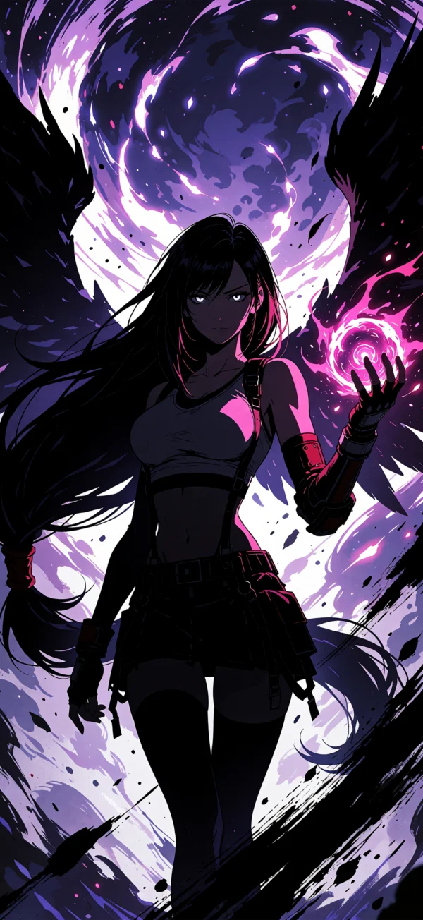 Anime-style female warrior with long black hair and glowing white eyes channeling swirling purple and pink magical energy against a dark cosmic background