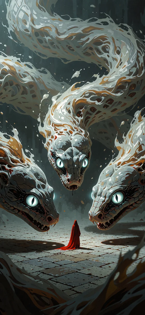 Dark fantasy digital illustration of three giant serpent heads with glowing white eyes surrounding a small figure in a red hooded cloak standing on a stone floor