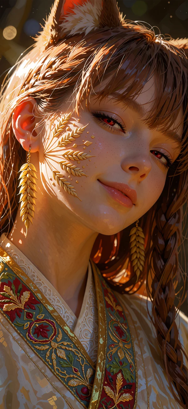 Illustrated portrait of a young woman with red eyes, golden wheat-ear face paint and earrings, braided hair, and ornate embroidered clothing in warm golden light