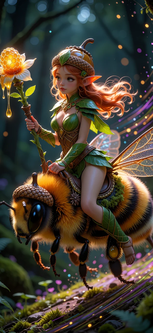 Fantasy elf girl with orange hair and leaf armor riding a giant bumblebee while holding a glowing honeycomb flower staff in a magical forest