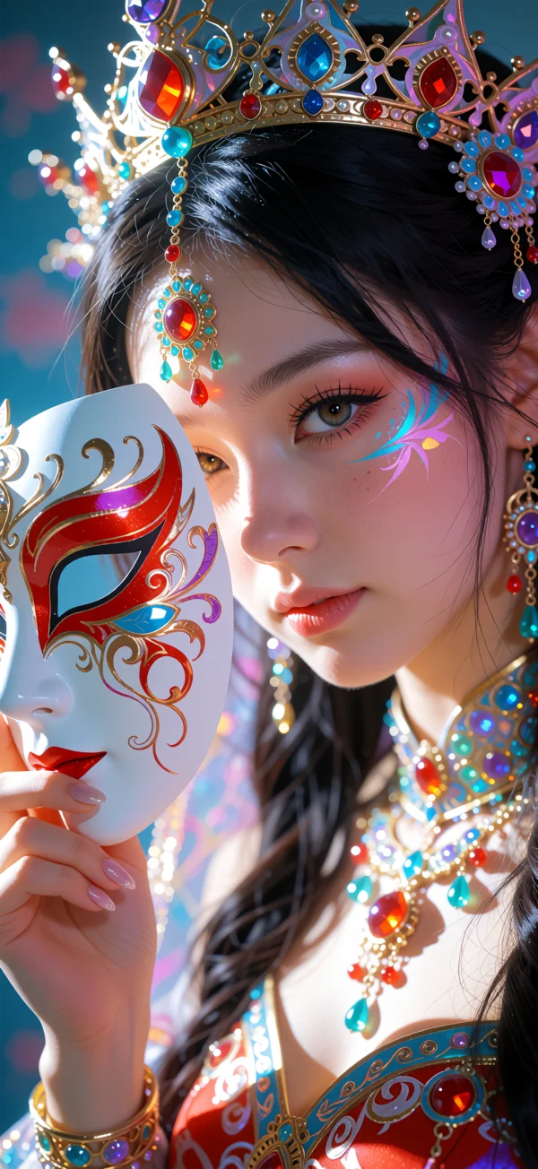 A woman wearing an ornate jeweled crown and colorful gemstone jewelry holds a white decorative mask with red and gold patterns, with face paint on her cheek, in a fantasy AI illustration.