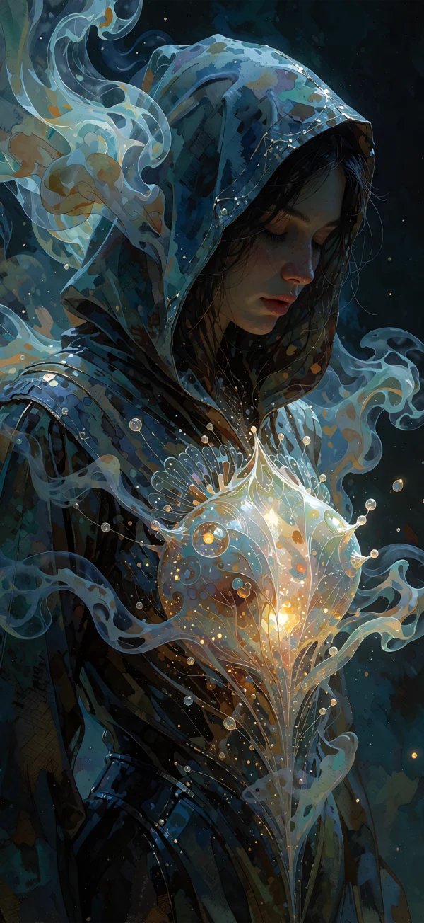 Digital art of a hooded woman with closed eyes and glowing ethereal light and floating droplets emerging from her chest