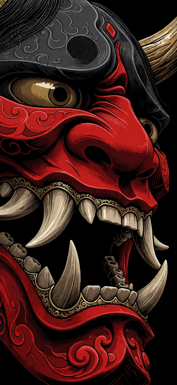 Detailed illustration of a red Japanese Oni demon mask with sharp fangs, gold teeth, and a black ornate helmet on a black background