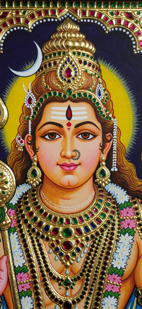 A vibrant digital painting of Lord Shiva adorned with golden jewelry, a crescent moon, a third-eye tilak, and floral garlands against a glowing yellow halo and dark blue background.