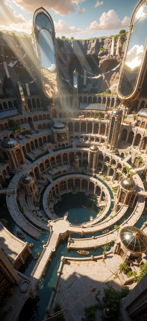 Aerial view of a circular fantasy library built into a rocky canyon, featuring ornate golden mirrors, domed towers, arched bookshelves, and a central waterway bathed in warm sunlight.