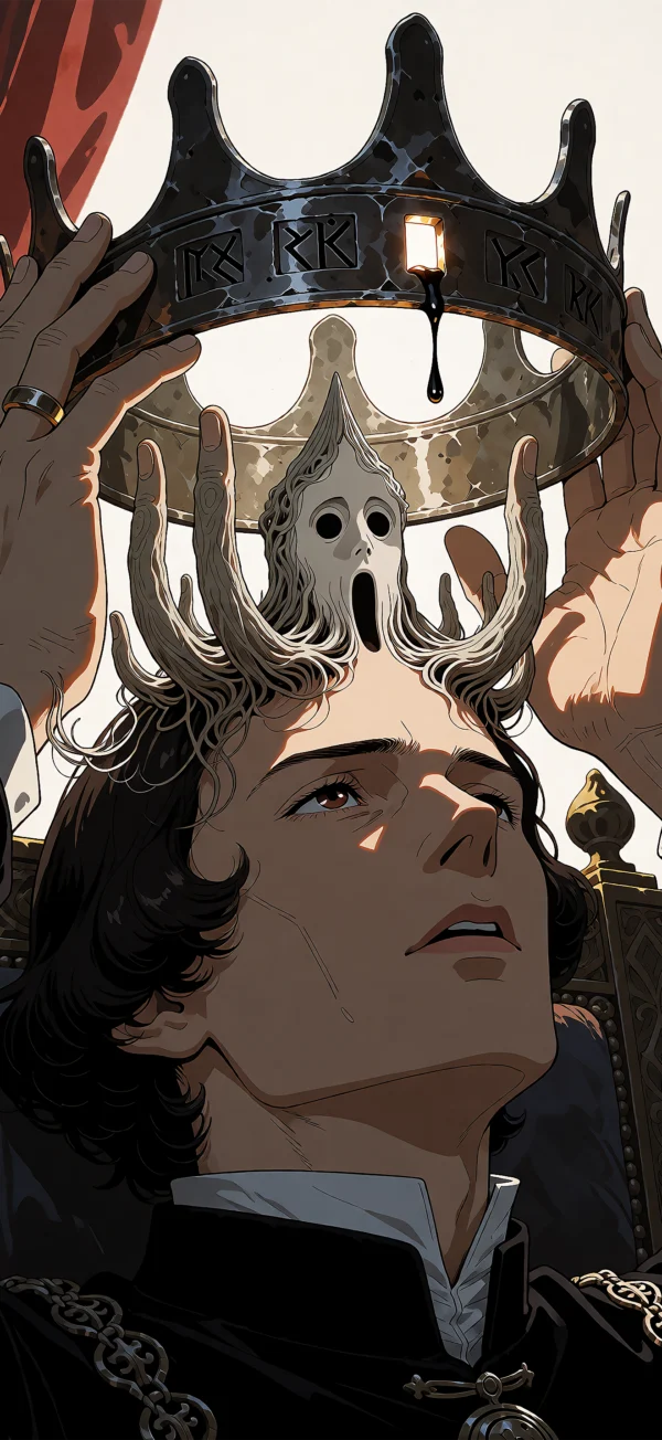 Gothic anime-style illustration of a man with a dark crown being placed on his head, with a screaming ghostly face emerging from his forehead