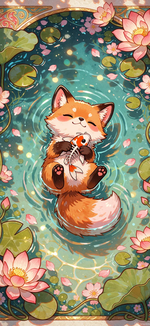 A cute cartoon fox floating peacefully in a lotus pond, holding a koi fish, surrounded by pink lotus flowers and lily pads