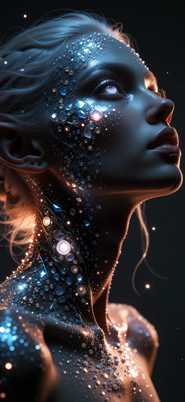 A dark-skinned elf woman with pointed ears looking upwards, her face and neck covered in glowing blue water droplets and sparkling particles against a black background